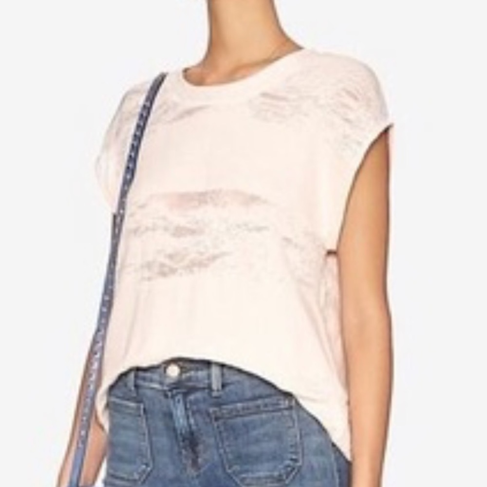 IRO Jeans Boho Distressed Raw Edge/Hem Cap Sleeve Sweatshirt Short Sleeve Top L